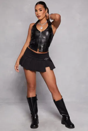 Almost Famous Buckle Detail Denim Pleated Skirt