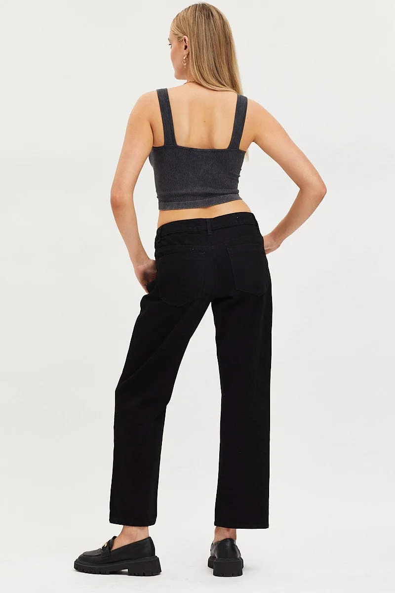 Black Straight Denim Jeans High Rise