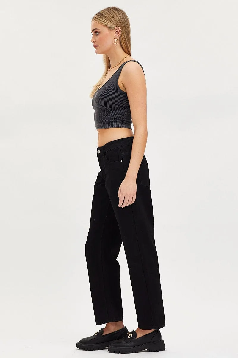Black Straight Denim Jeans High Rise