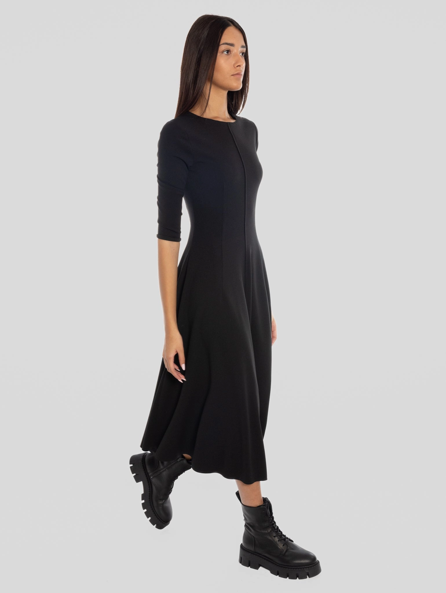 Black Flared Skirt Midi Dress