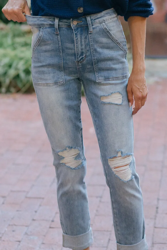 Brittany High Rise Patch Pocket & Ripped Boyfriend Jeans