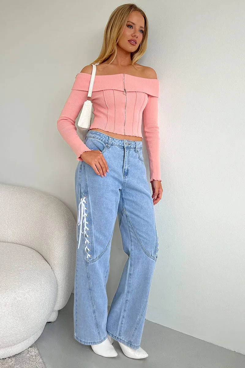 Denim Lace Up Wide Leg Jeans