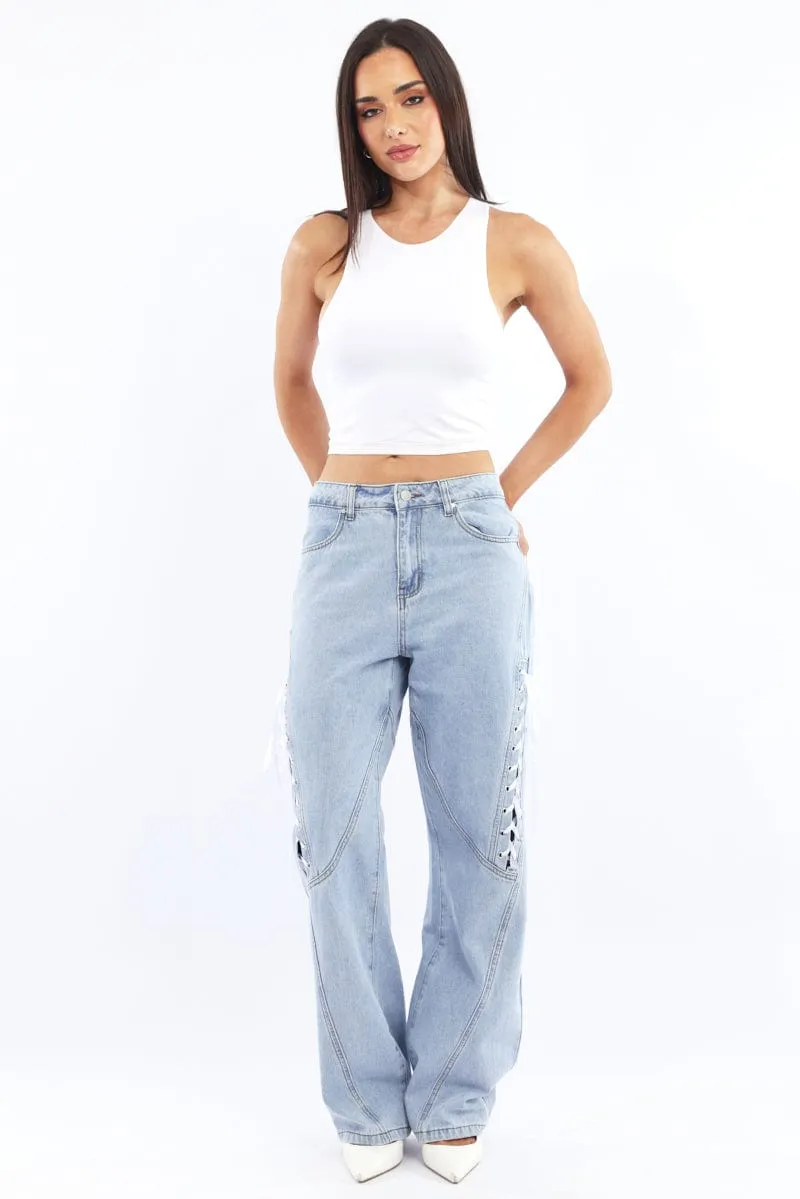Denim Lace Up Wide Leg Jeans