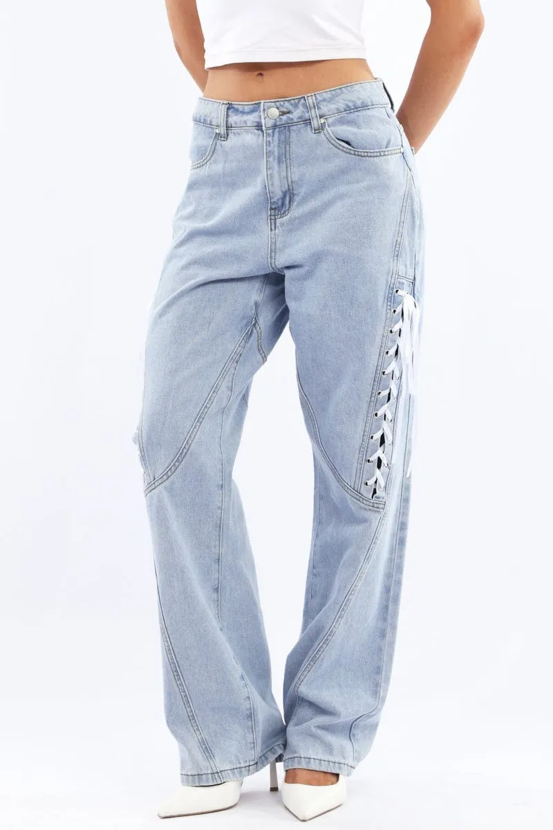 Denim Lace Up Wide Leg Jeans