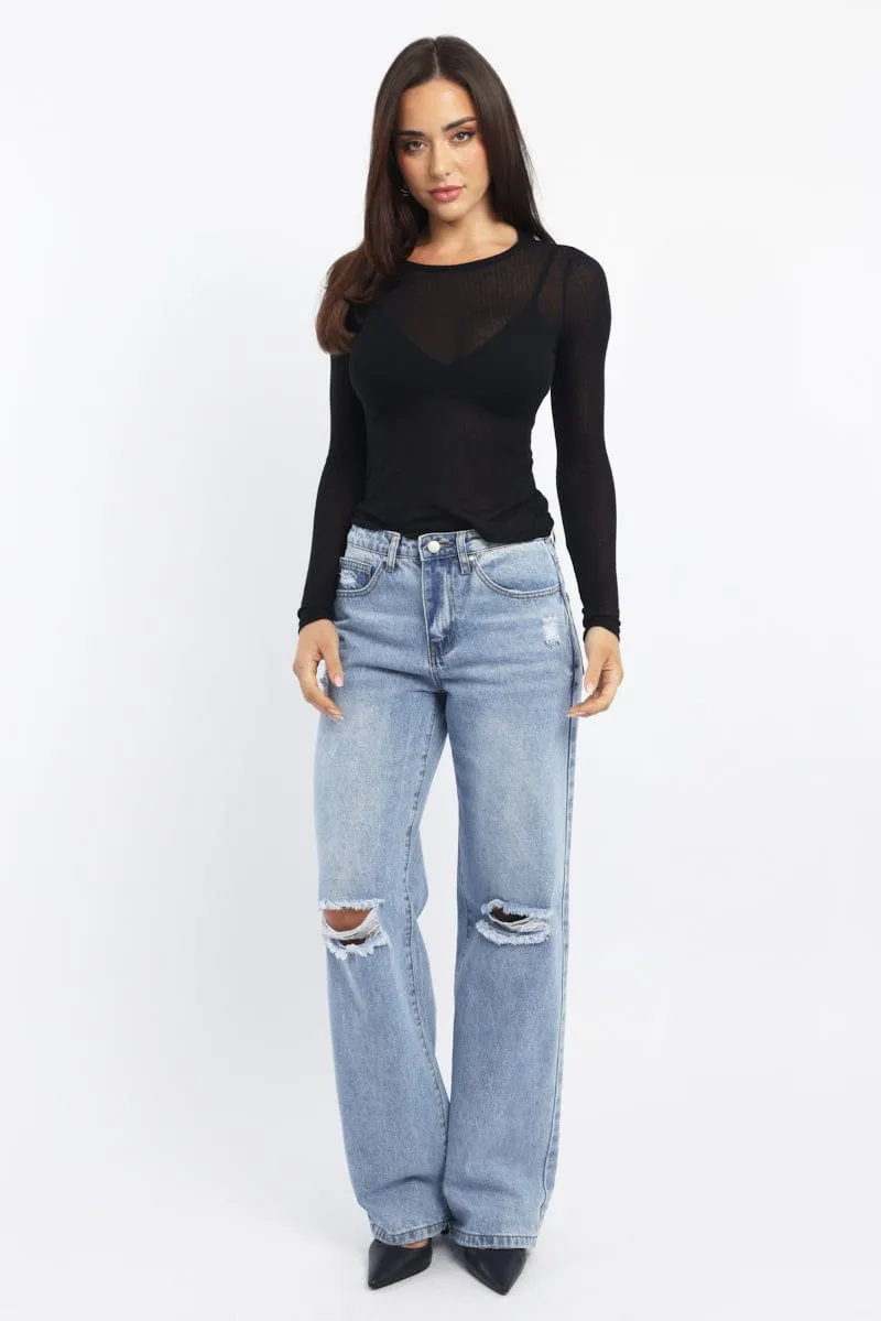 Denim Wide Leg Jeans Mid Rise
