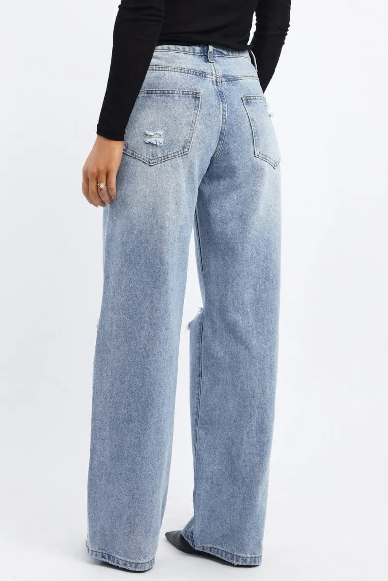 Denim Wide Leg Jeans Mid Rise