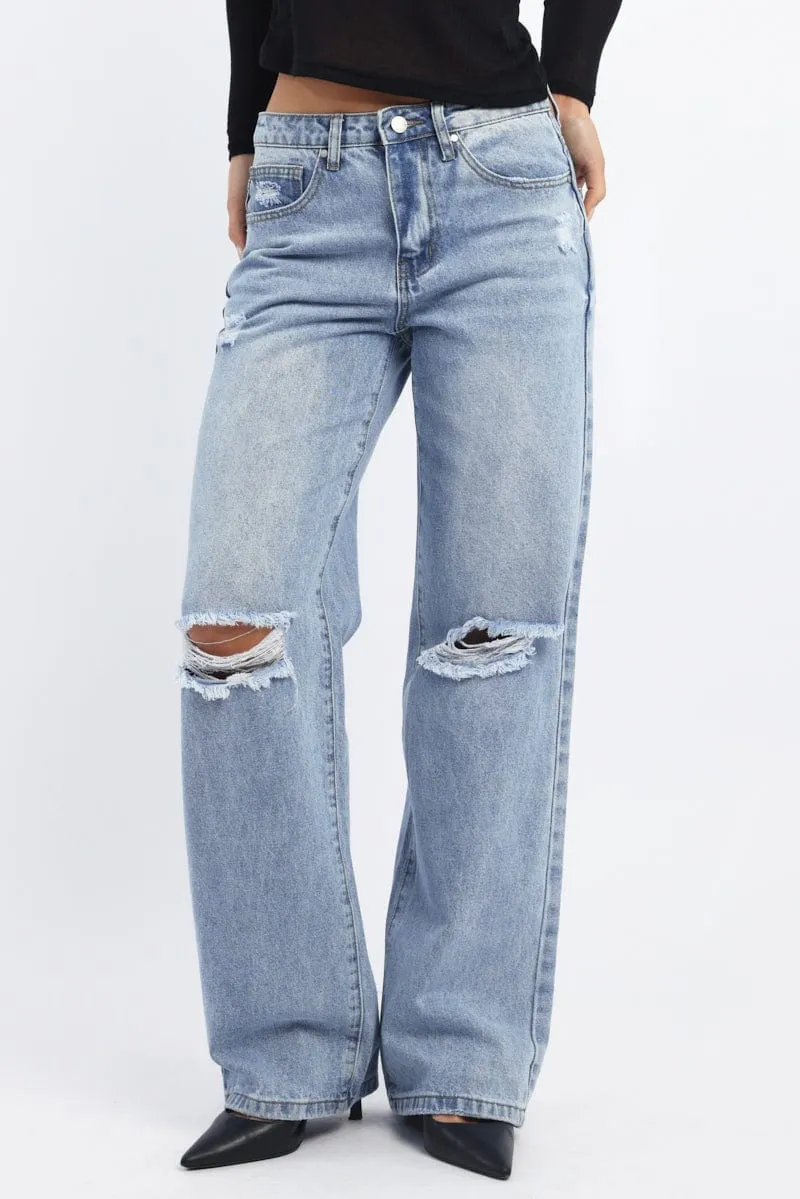 Denim Wide Leg Jeans Mid Rise