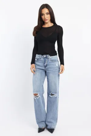 Denim Wide Leg Jeans Mid Rise