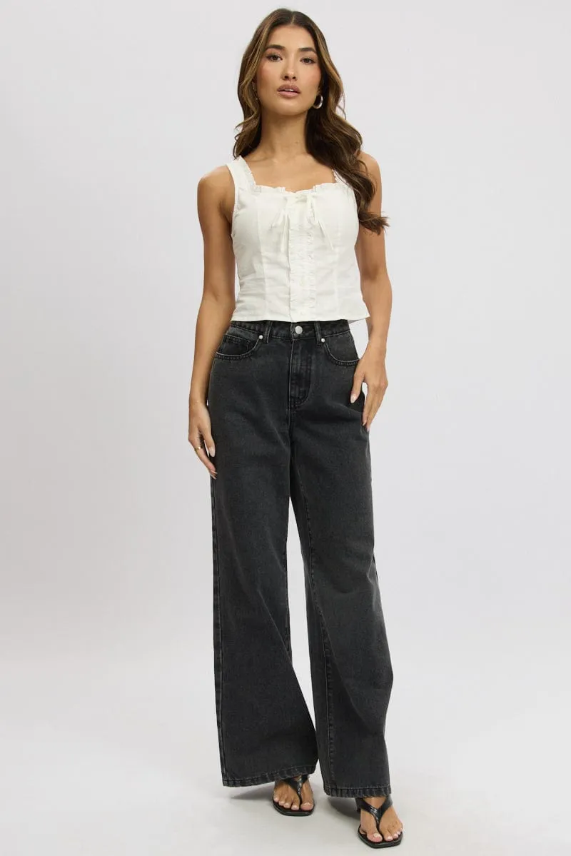 Grey Wide Leg Jeans Mid Rise