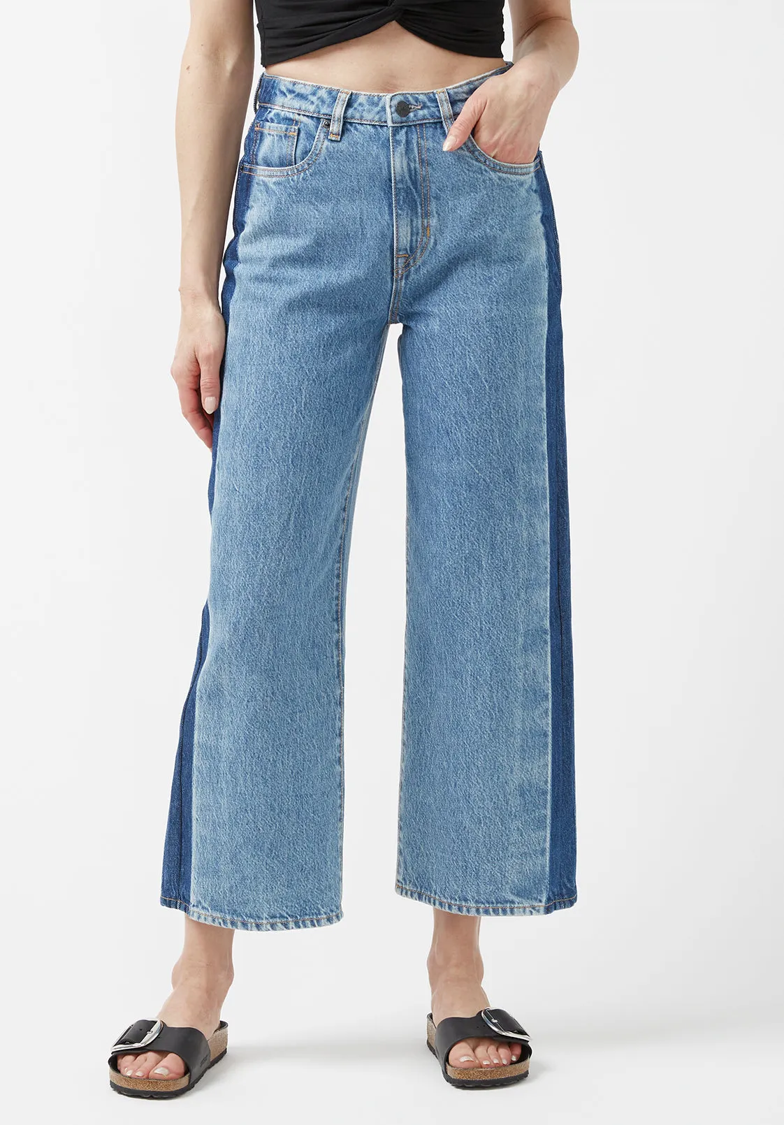 High Rise Wide Leg Cropped Addisson Women’s Jeans, Shadow Wash Blue - BL15896