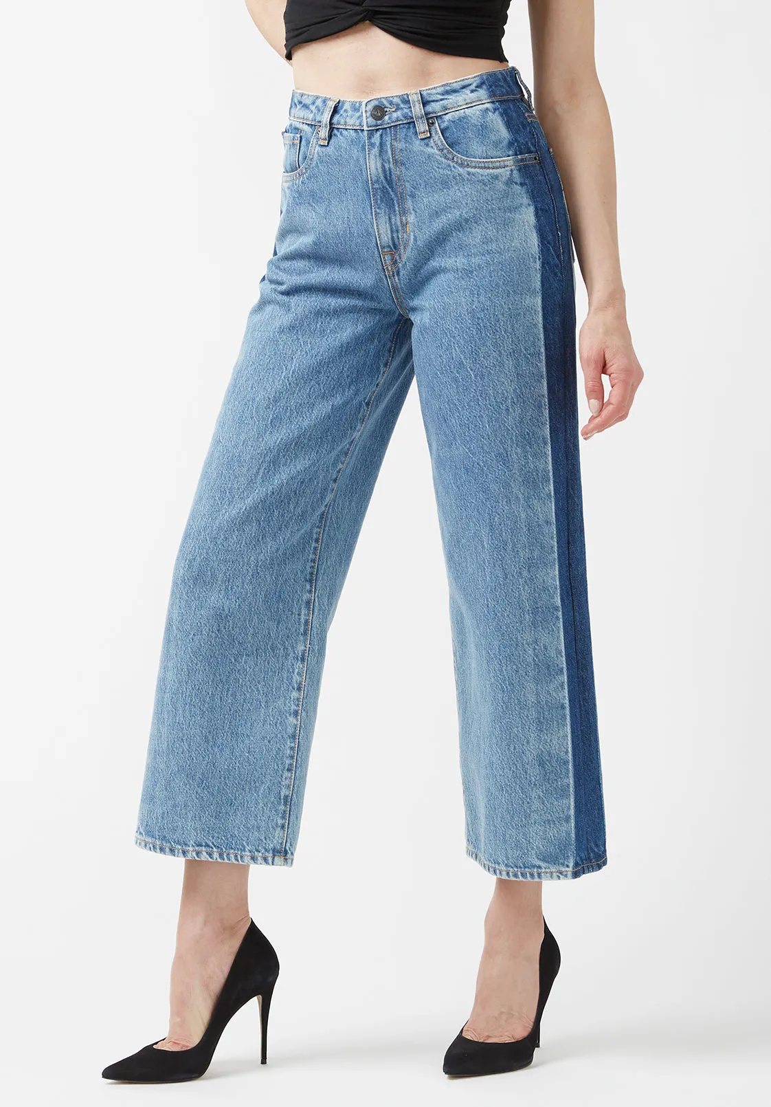 High Rise Wide Leg Cropped Addisson Women’s Jeans, Shadow Wash Blue - BL15896
