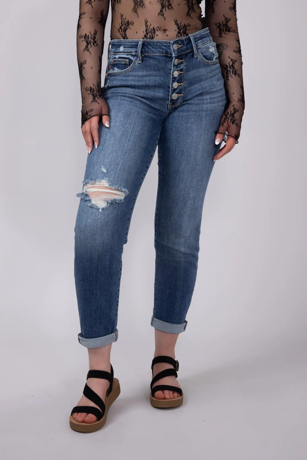 Judy Blue Mid Rise Distress Button Fly Boyfriend Jeans for Women | 82664REG