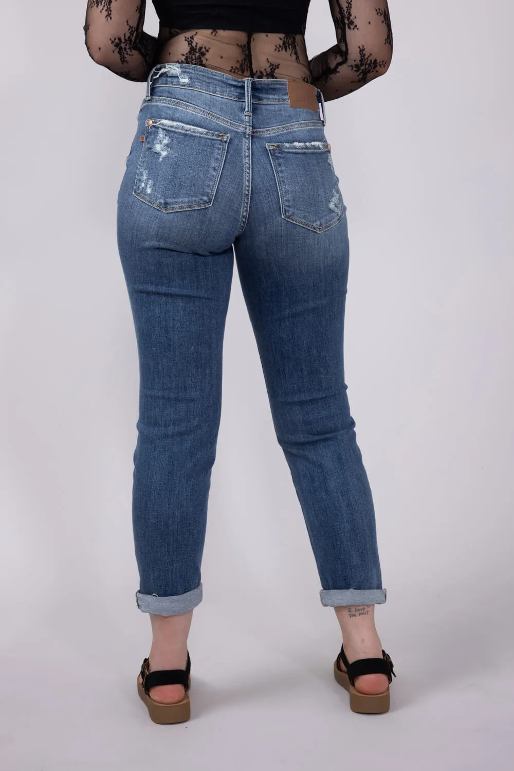 Judy Blue Mid Rise Distress Button Fly Boyfriend Jeans for Women | 82664REG