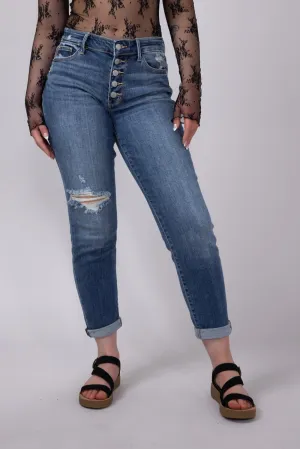 Judy Blue Mid Rise Distress Button Fly Boyfriend Jeans for Women | 82664REG