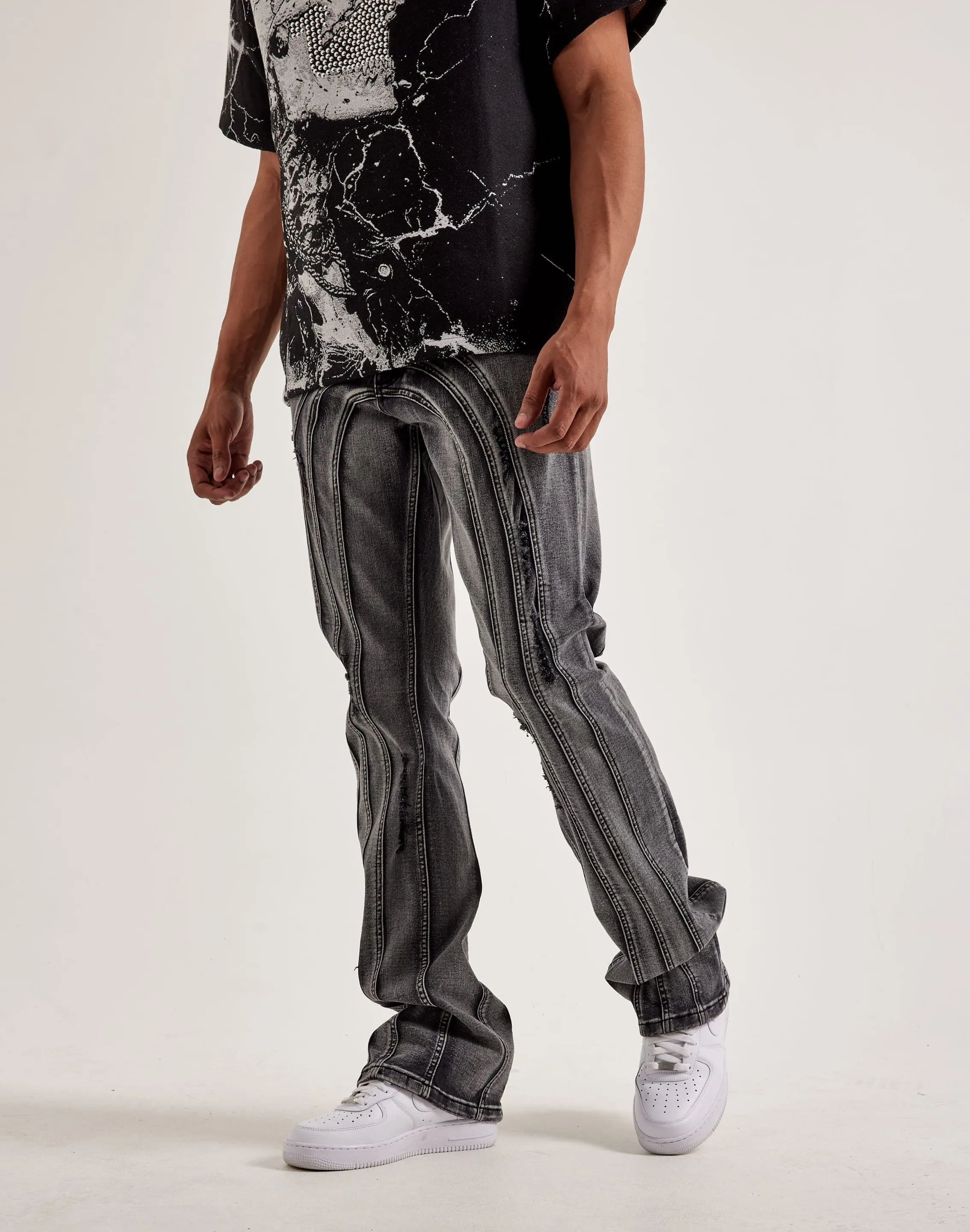 Kilogram Centric Moto Stacked Flare Jeans