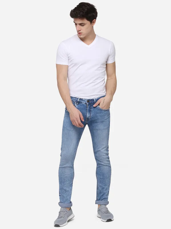 Light Blue Narrow Fit Solid Jeans | Greenfibre