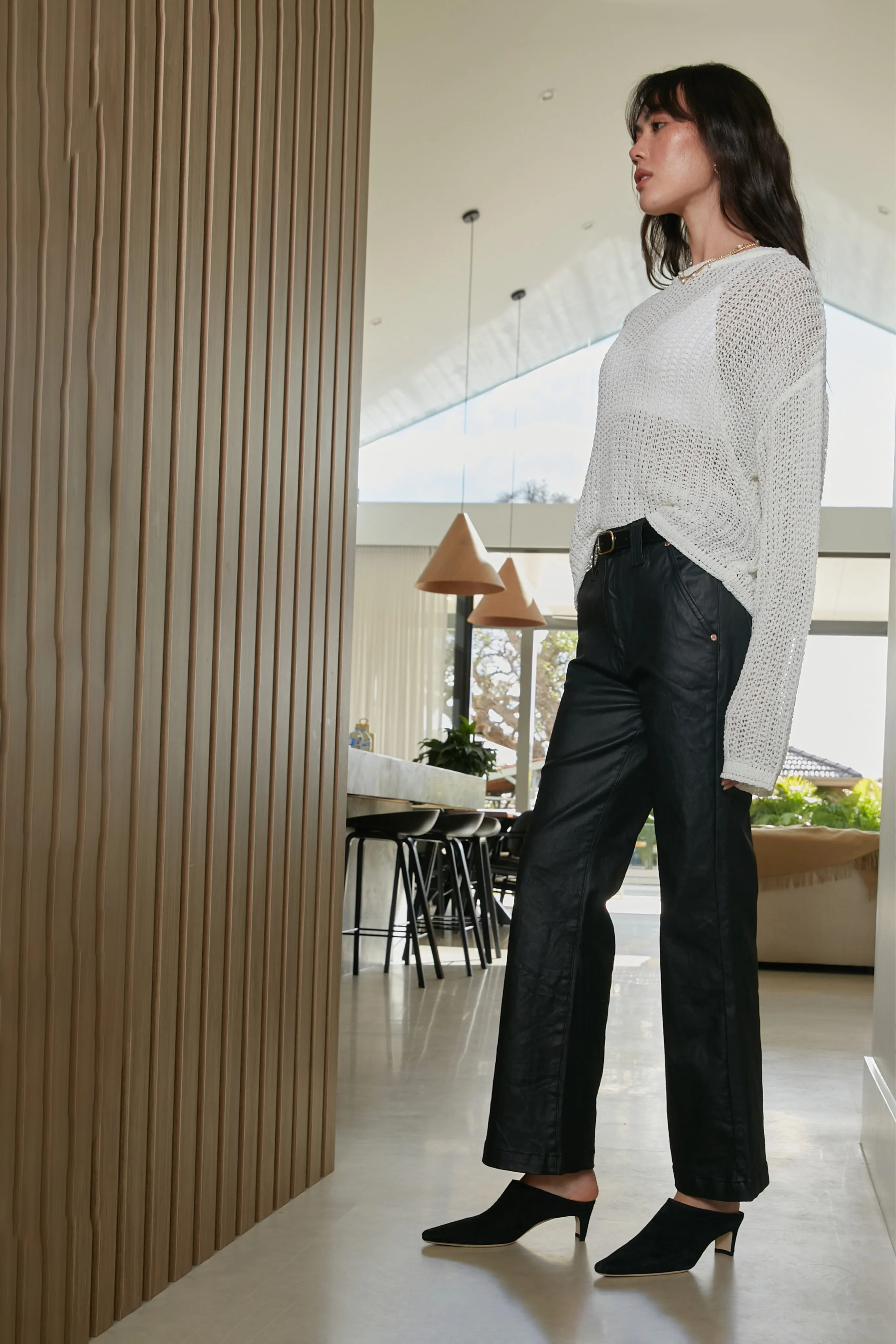 Misika Coated Black Flare Trousers