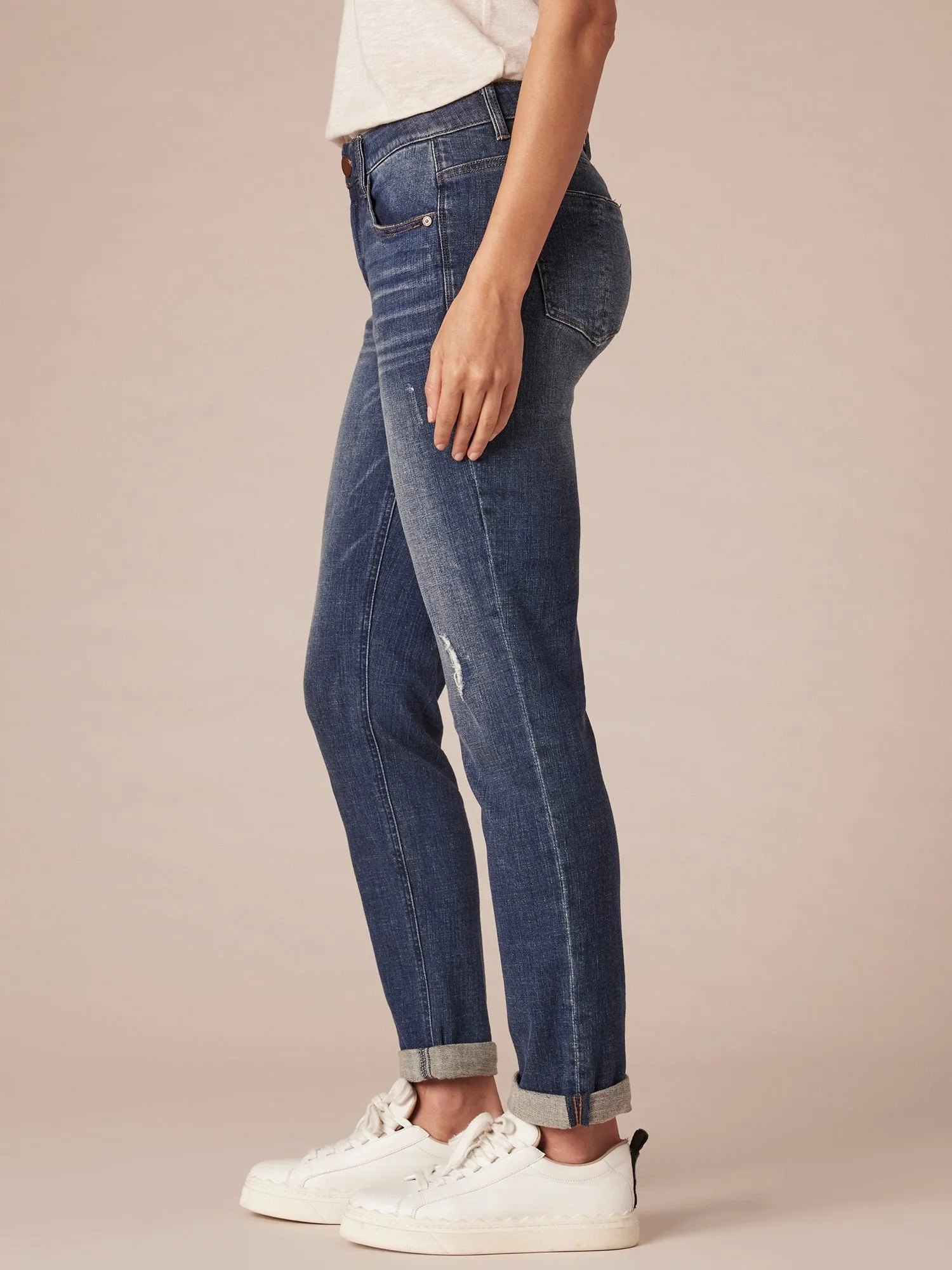 "Ab"solution® Cuffed Blue Distressed Denim Girlfriend Jeans