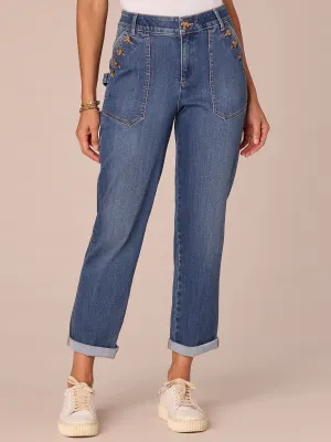 "Ab"solution High Rise Button Pocket Straight Leg Jeans with Roll Cuff