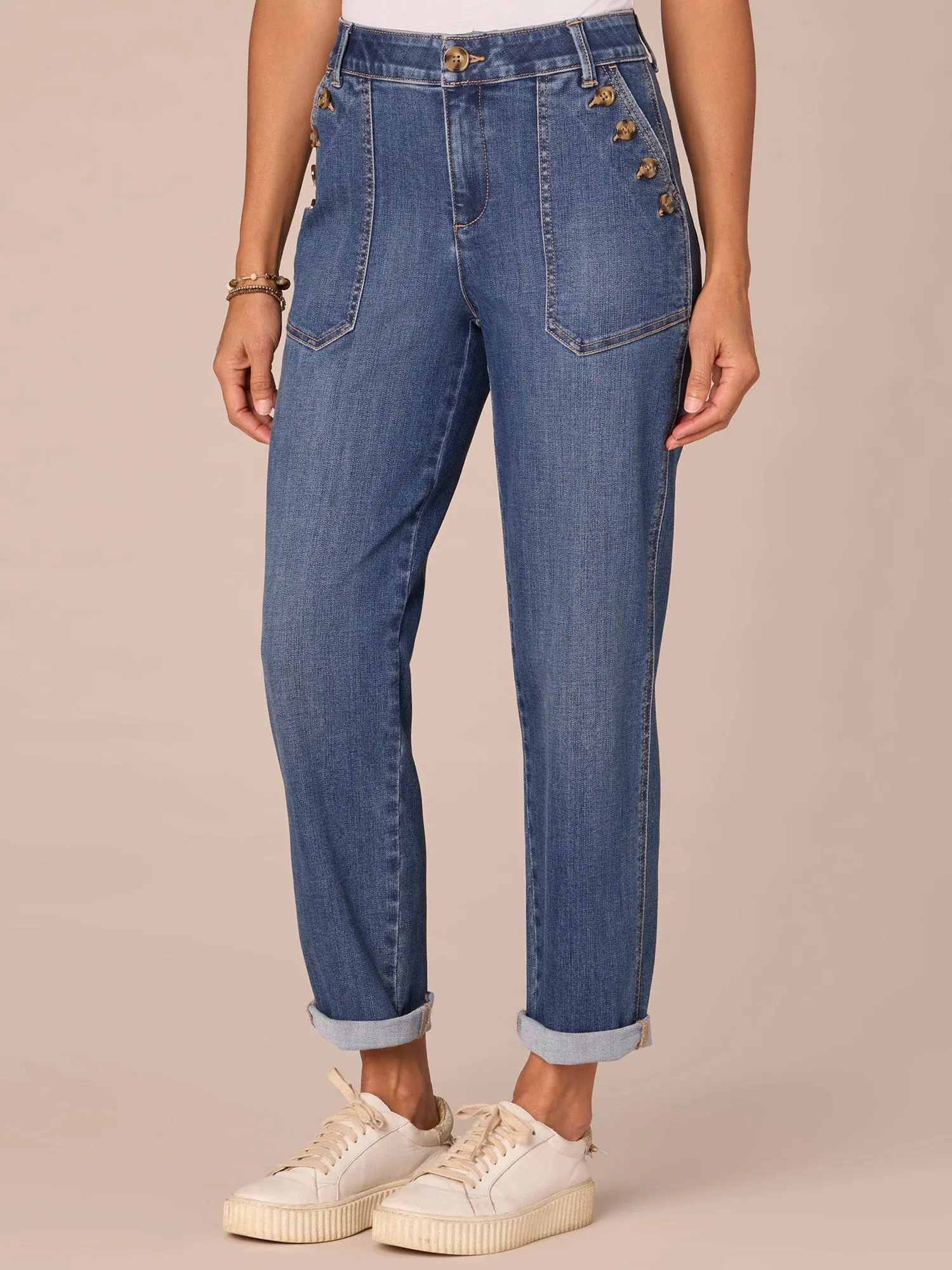"Ab"solution High Rise Button Pocket Straight Leg Jeans with Roll Cuff