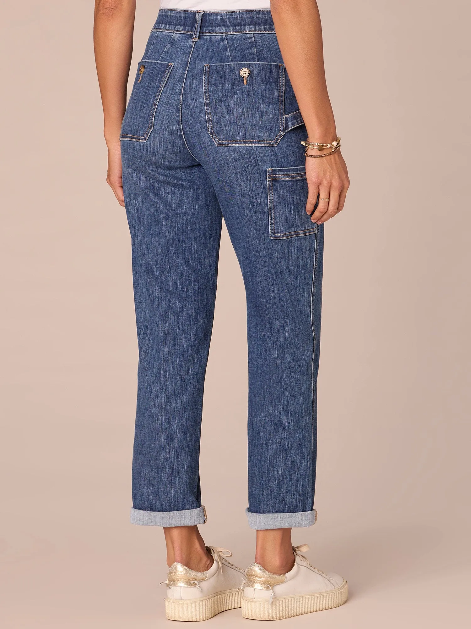 "Ab"solution High Rise Button Pocket Straight Leg Jeans with Roll Cuff