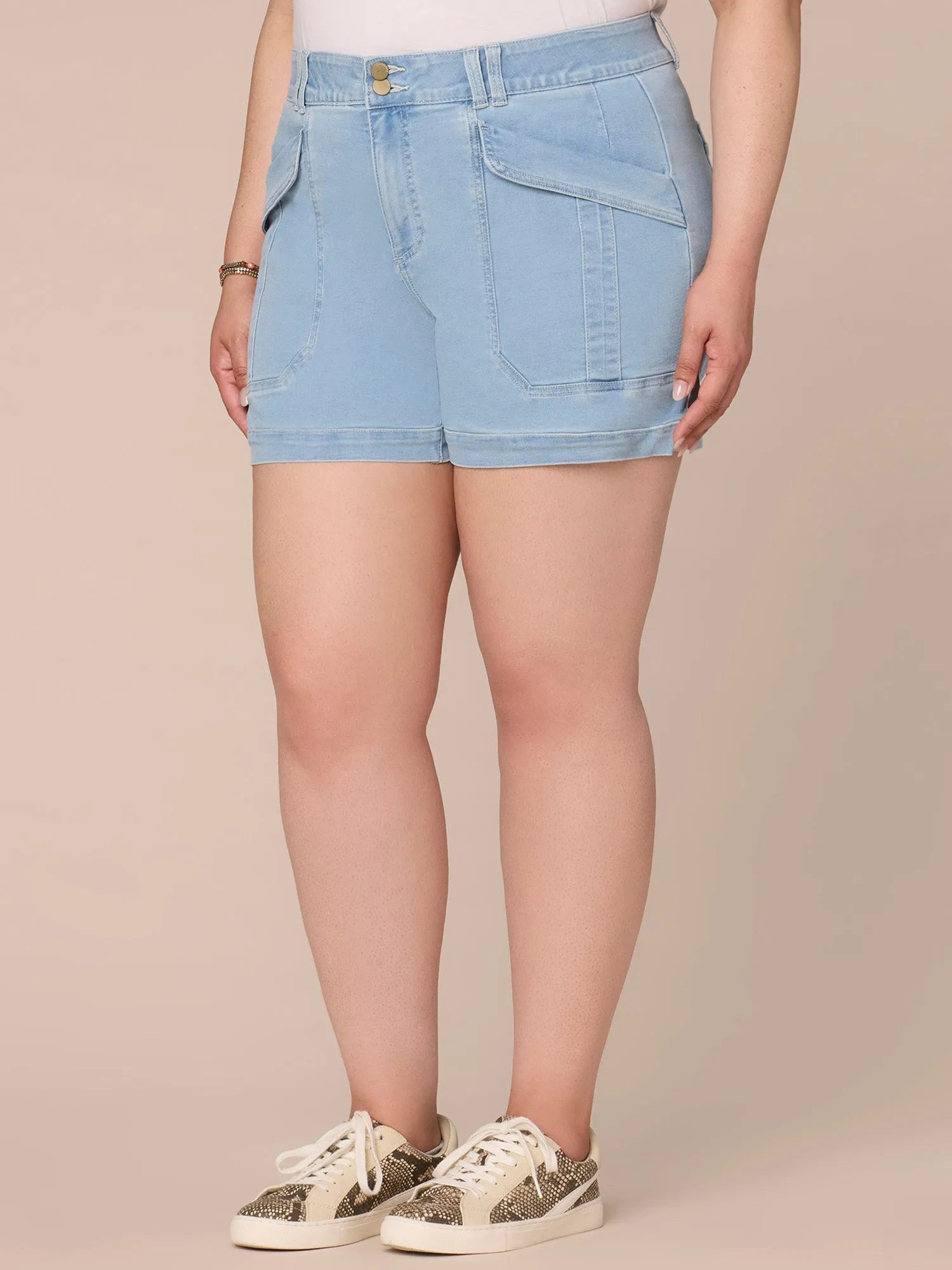 "Ab"solution High Rise Double Button Utility Plus Size Shorts