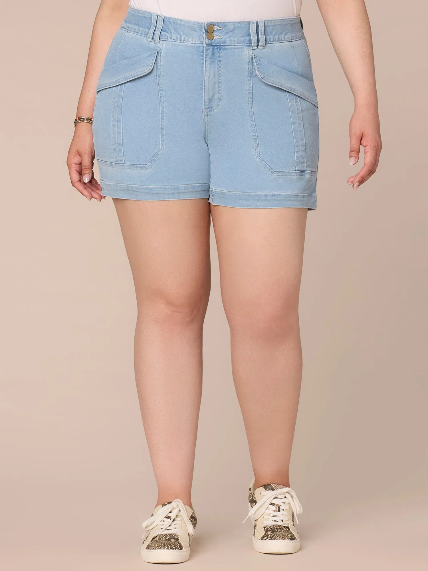 "Ab"solution High Rise Double Button Utility Plus Size Shorts