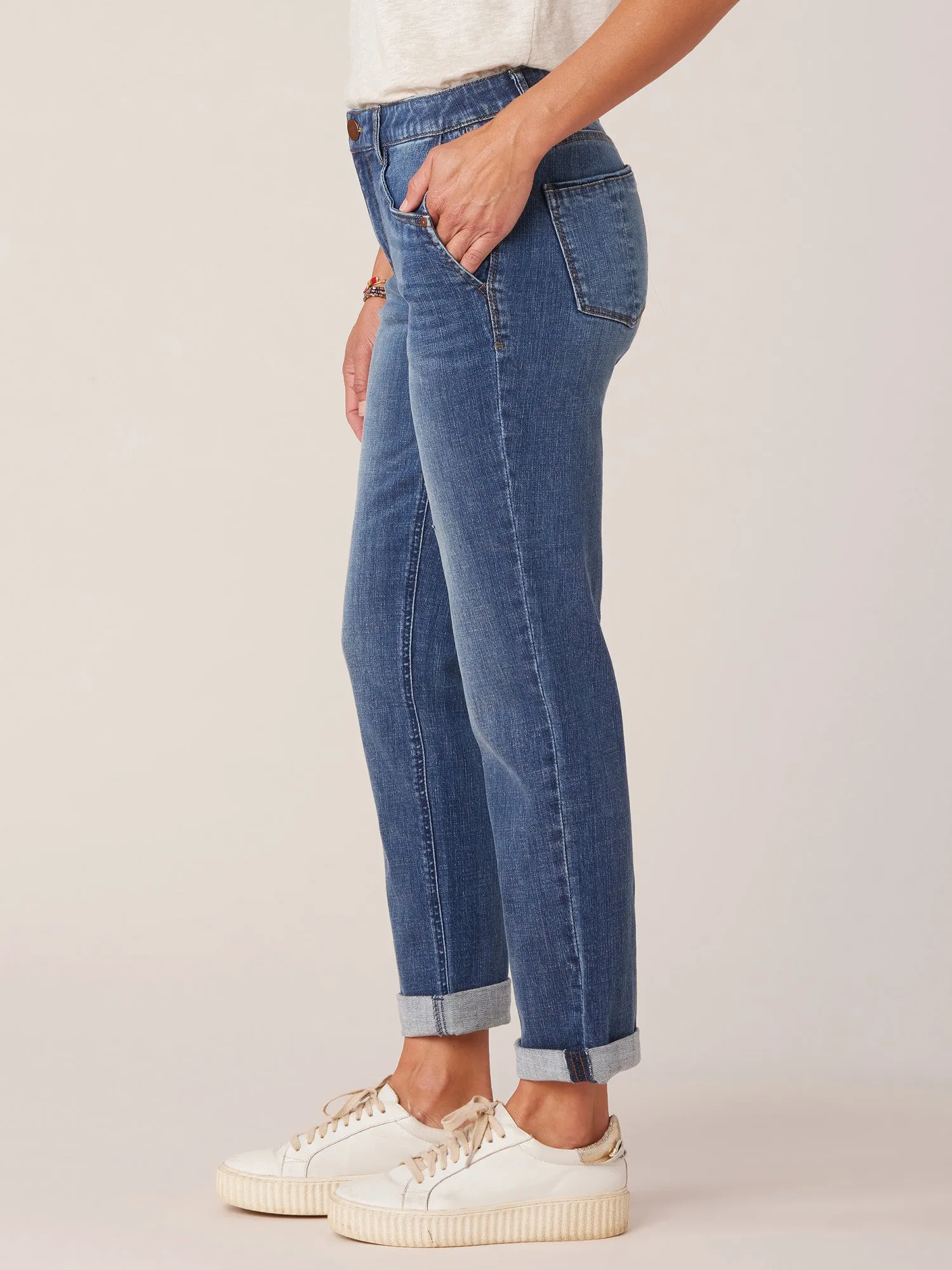 "Ab"solution Mid-Rise Girlfriend Jeans with Side Entry Pockets