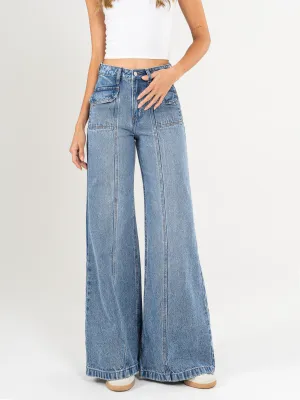 Ref: 065324 Jean Mom Flare palazzo, rígido, cortes en pierna, bolsillos delanteros, tiro alto, tono azul medio
