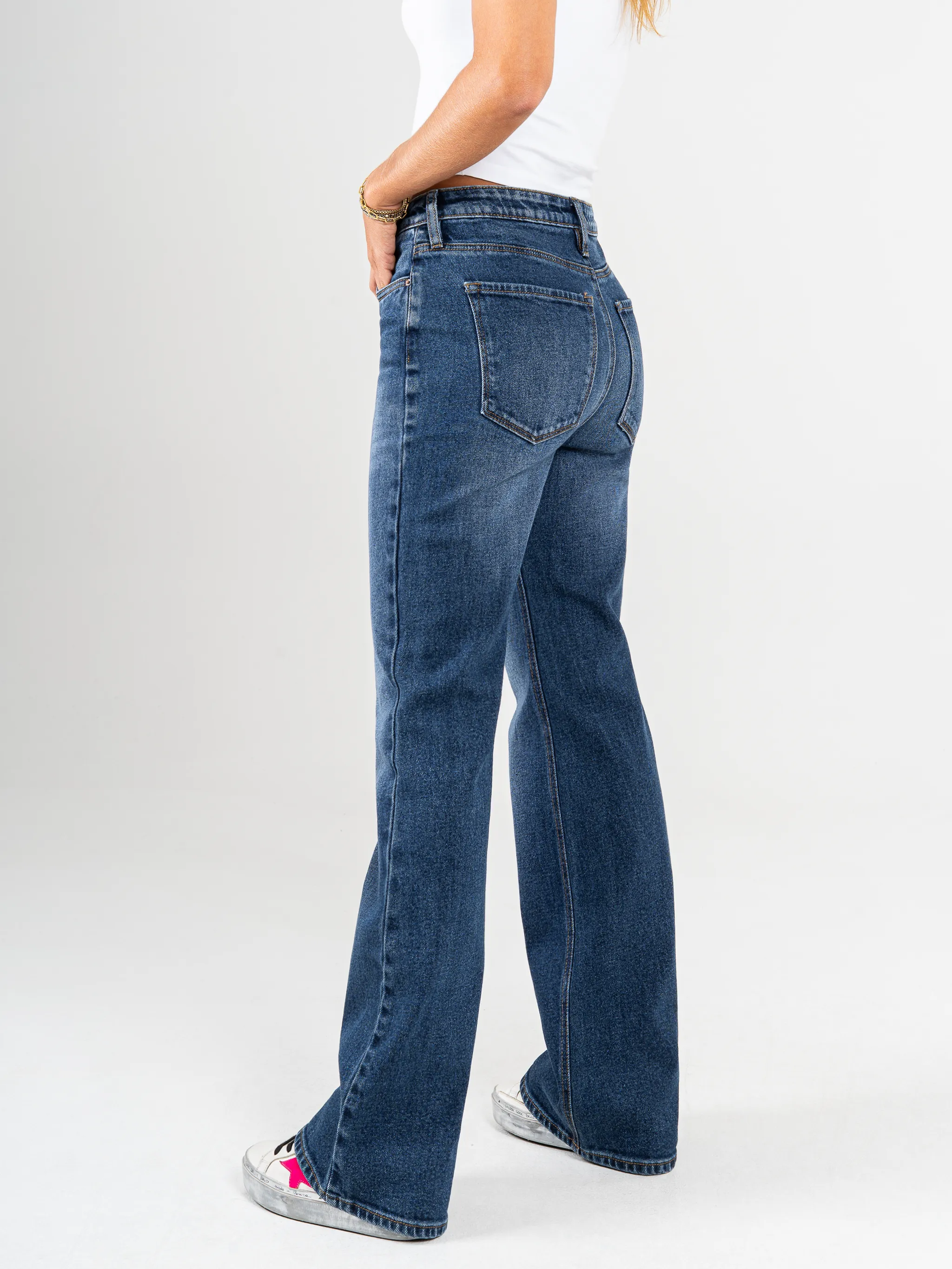 Ref: 065489 Jean Mom flare, stretch, tiro alto, tono azul medio oscuro