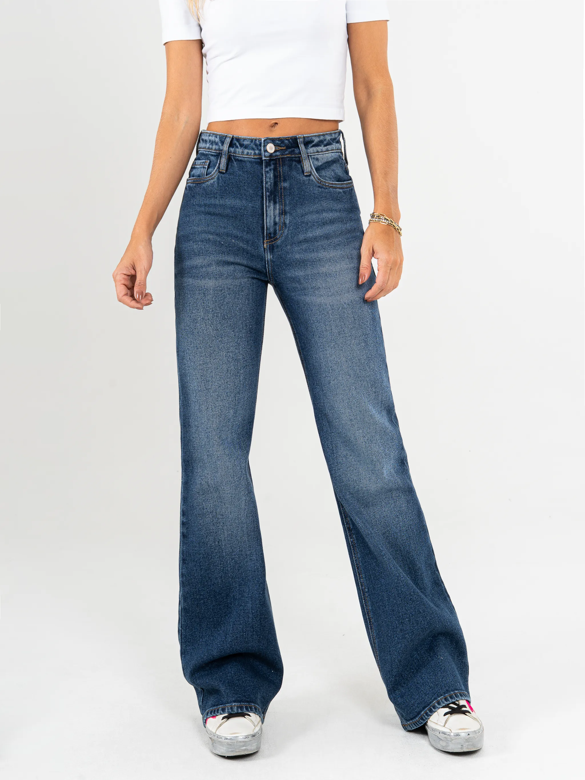 Ref: 065489 Jean Mom flare, stretch, tiro alto, tono azul medio oscuro