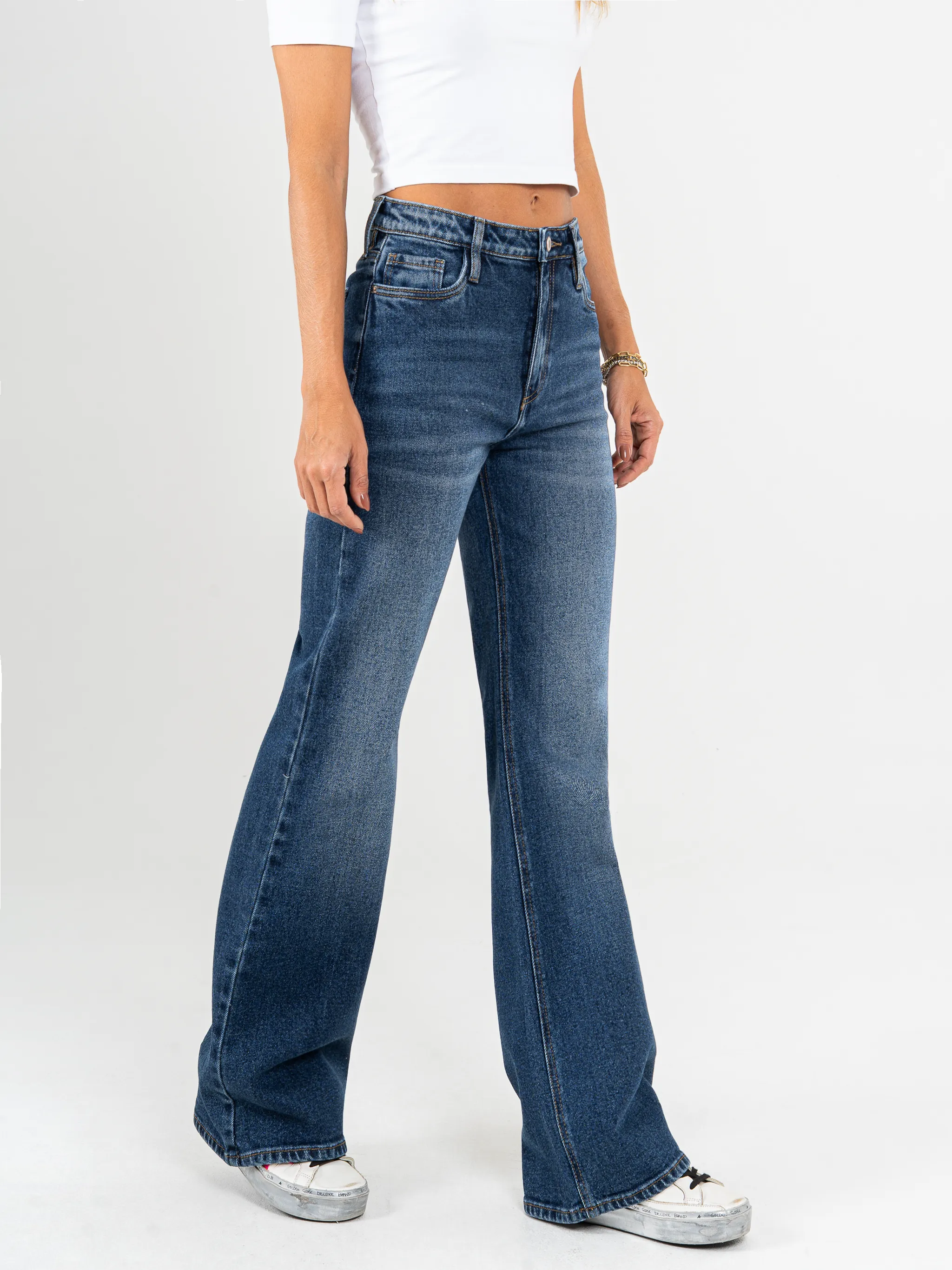 Ref: 065489 Jean Mom flare, stretch, tiro alto, tono azul medio oscuro
