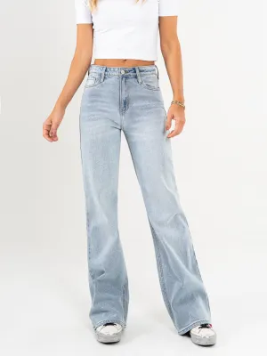 Ref: 065490 Jean Mom flare, stretch, tiro alto, tono azul medio claro