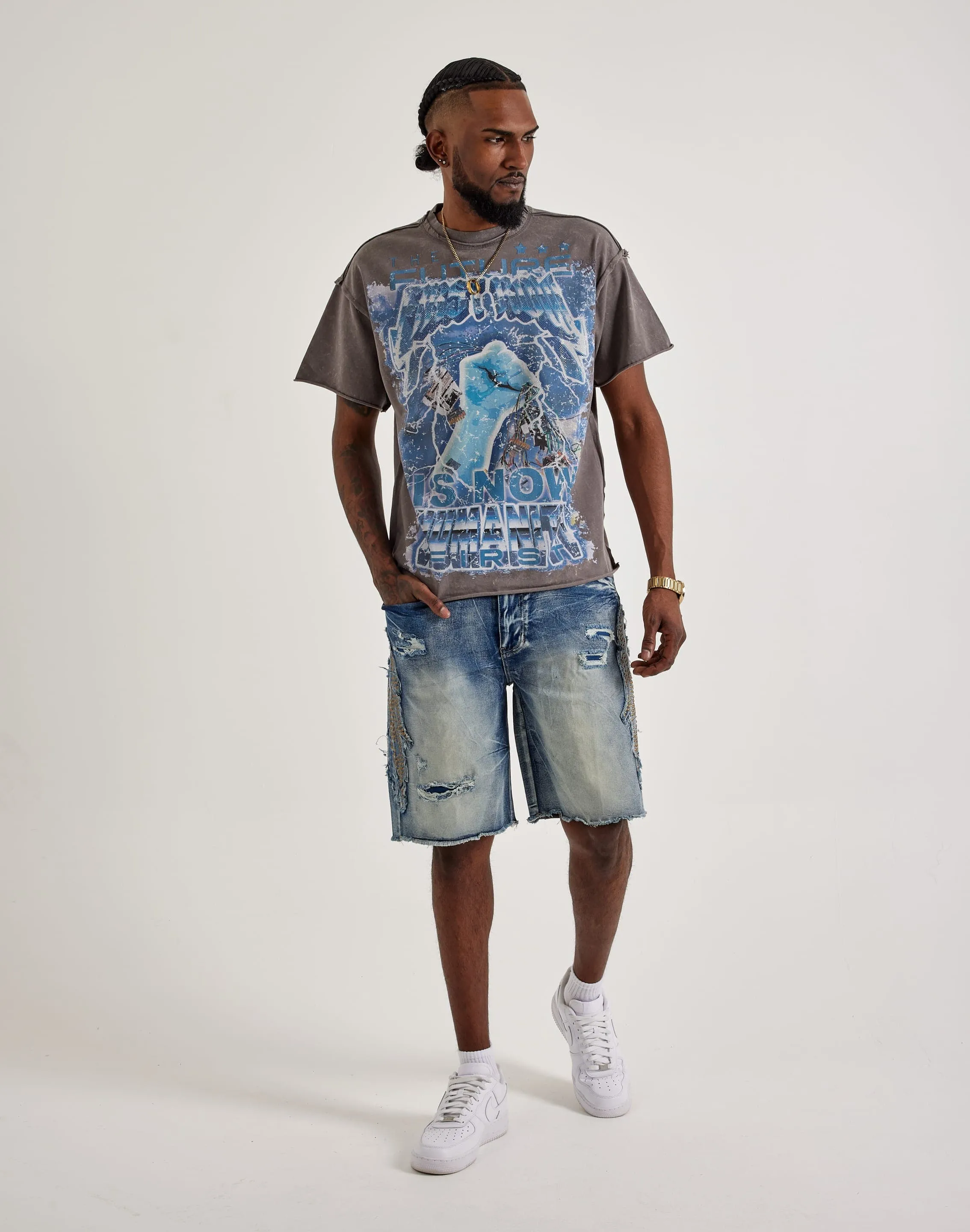 Smoke Rise Studded Patch Denim Shorts