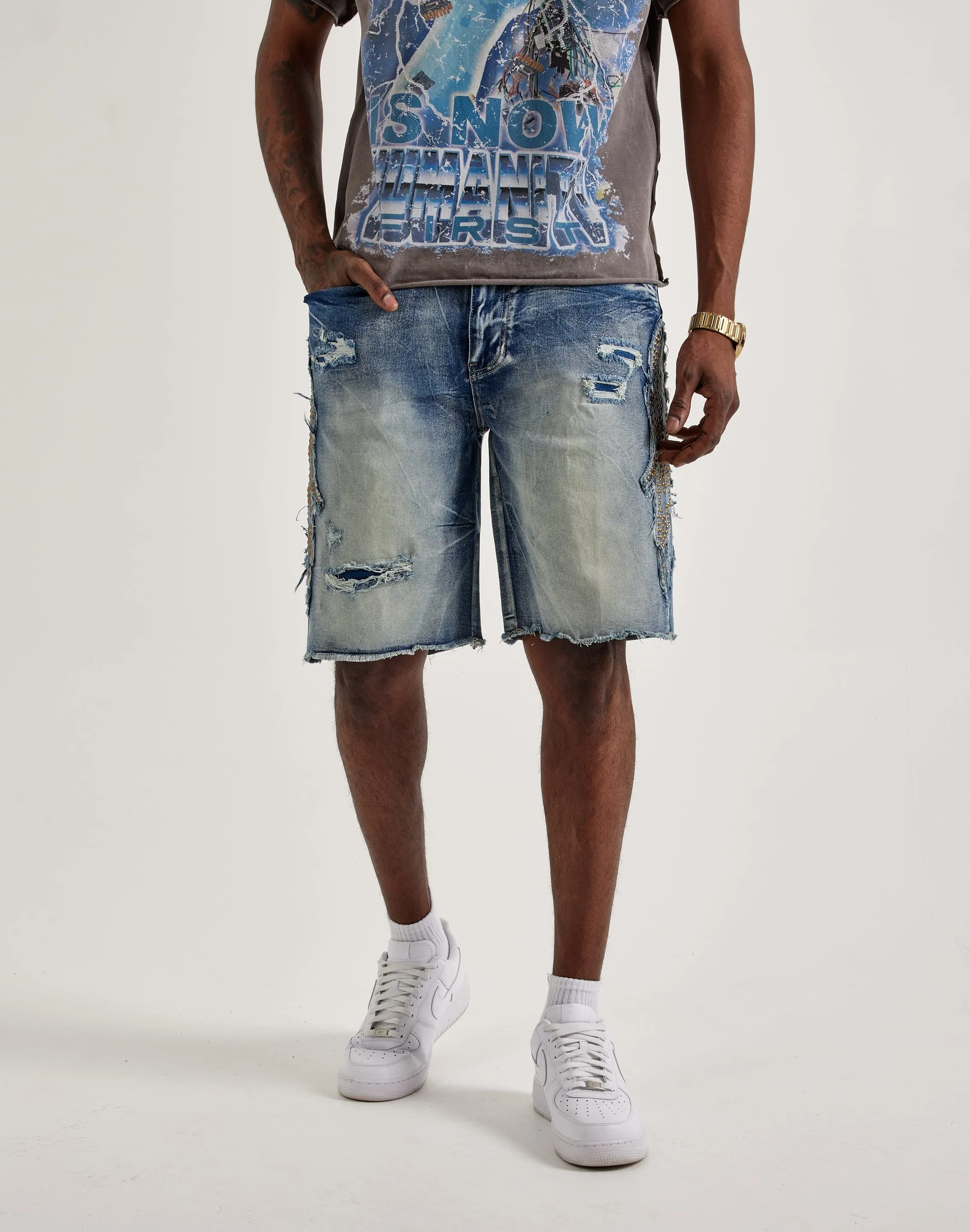 Smoke Rise Studded Patch Denim Shorts