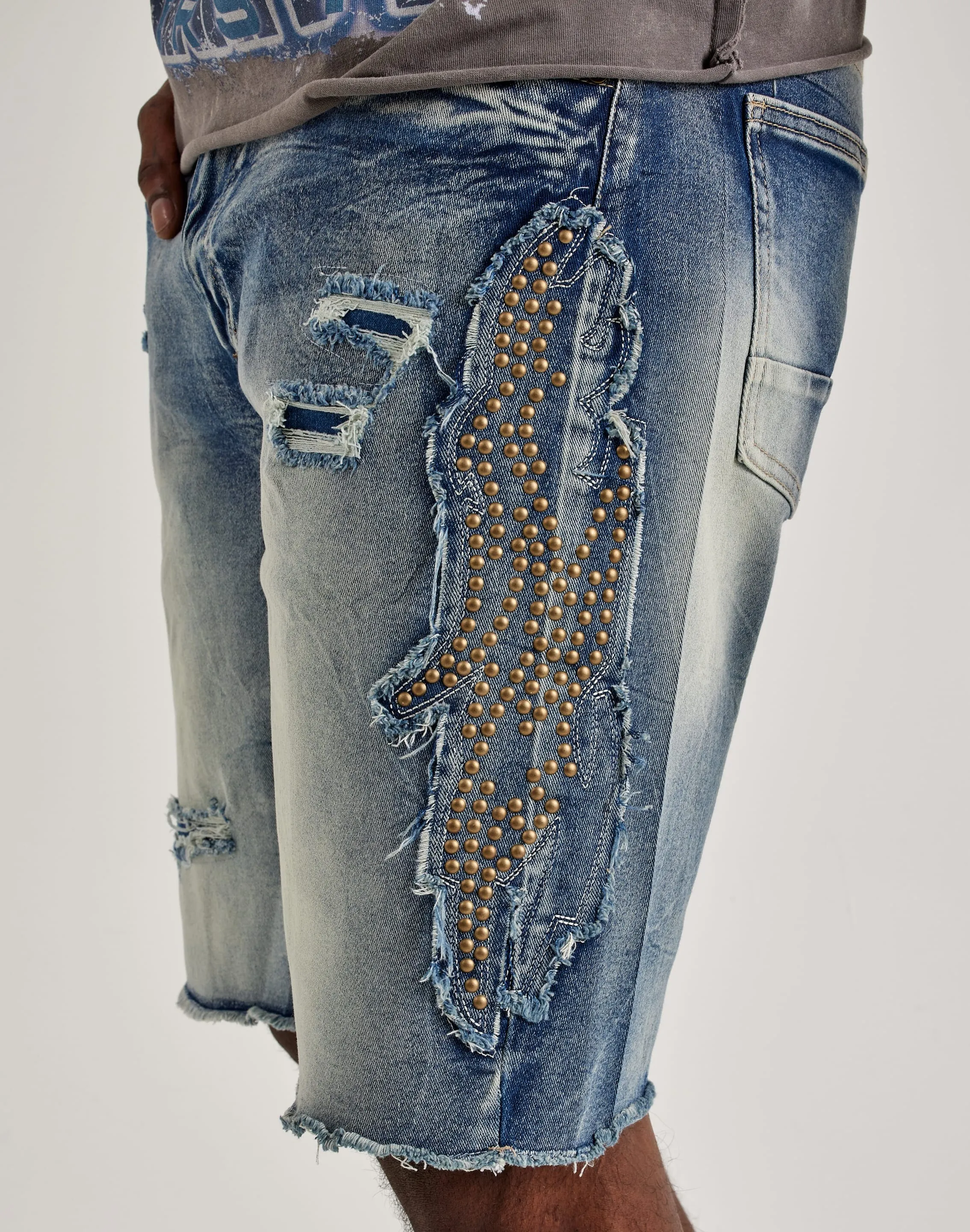 Smoke Rise Studded Patch Denim Shorts