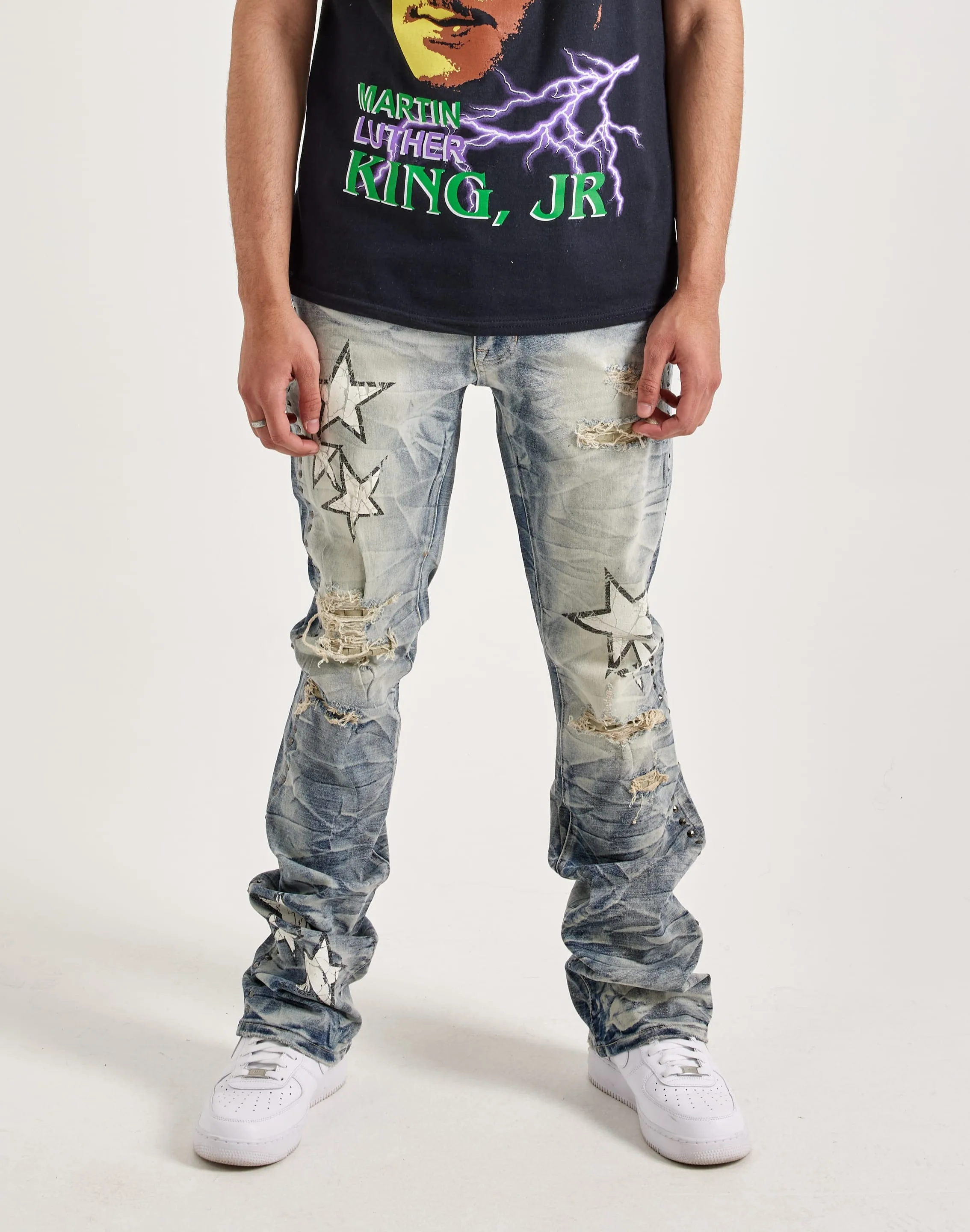 Smoke Rise Studded Star Stacked Flare Jeans