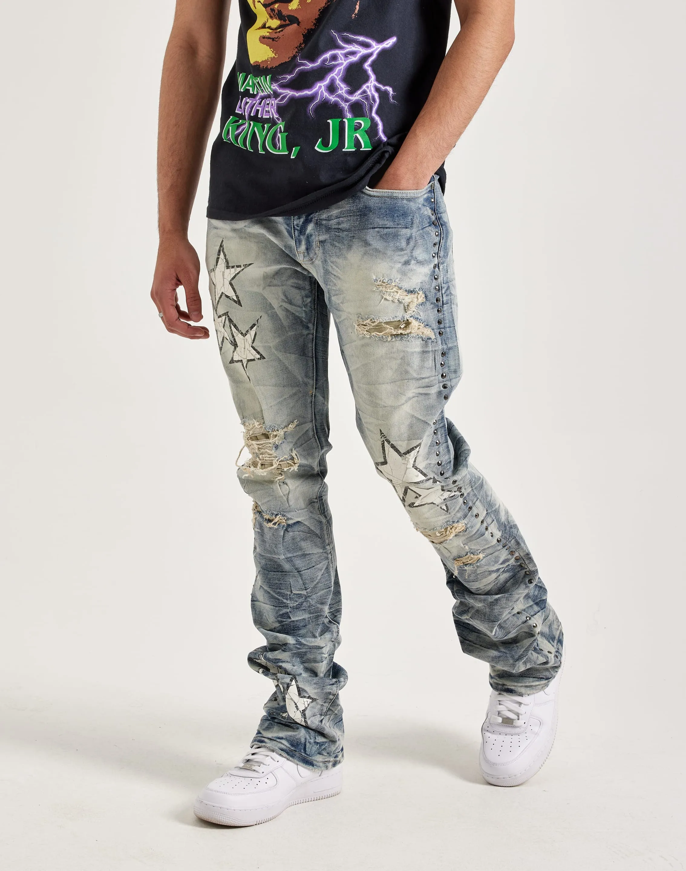 Smoke Rise Studded Star Stacked Flare Jeans