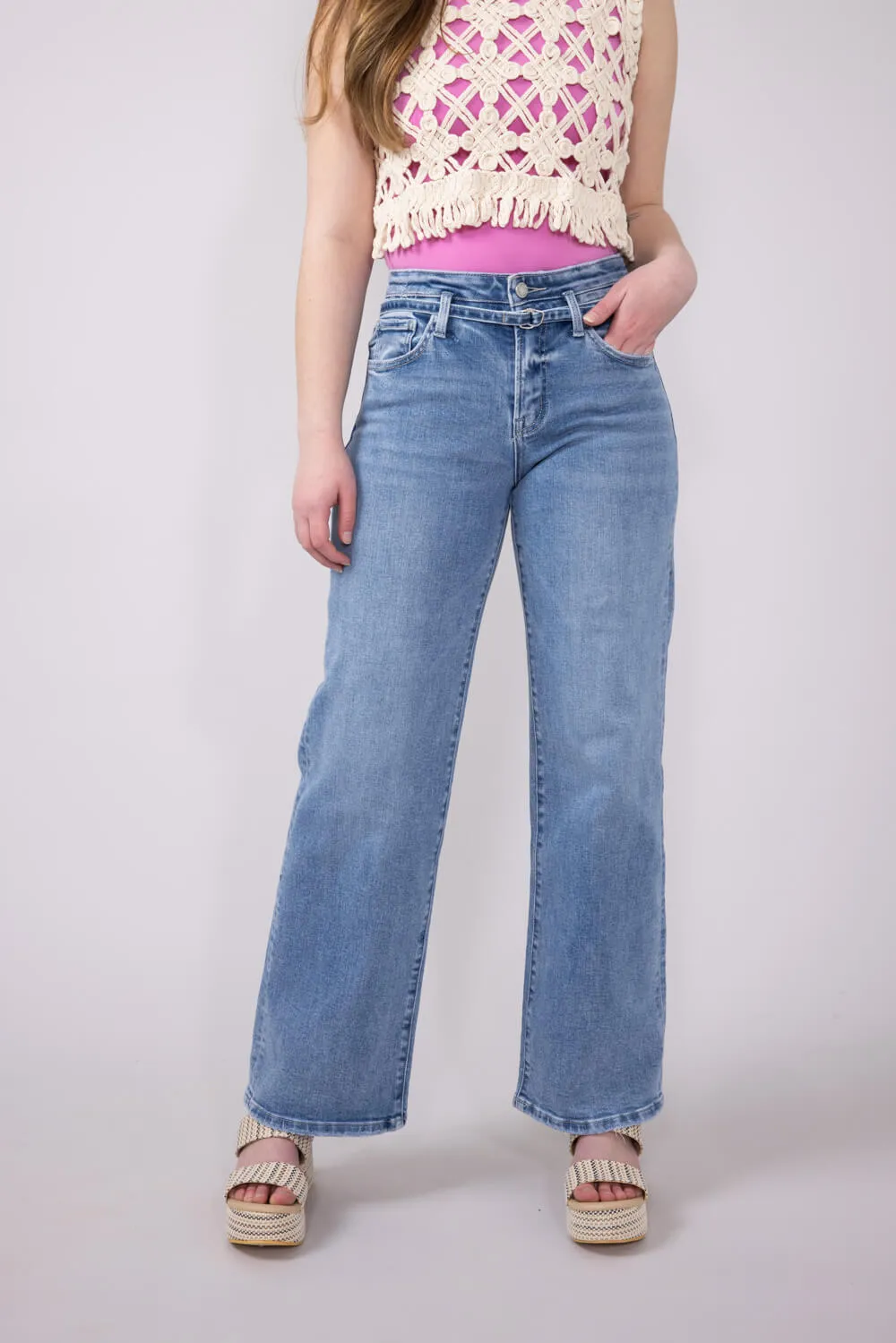 Vervet High Rise Tie Waist Wide Leg Jeans for Women | T6673