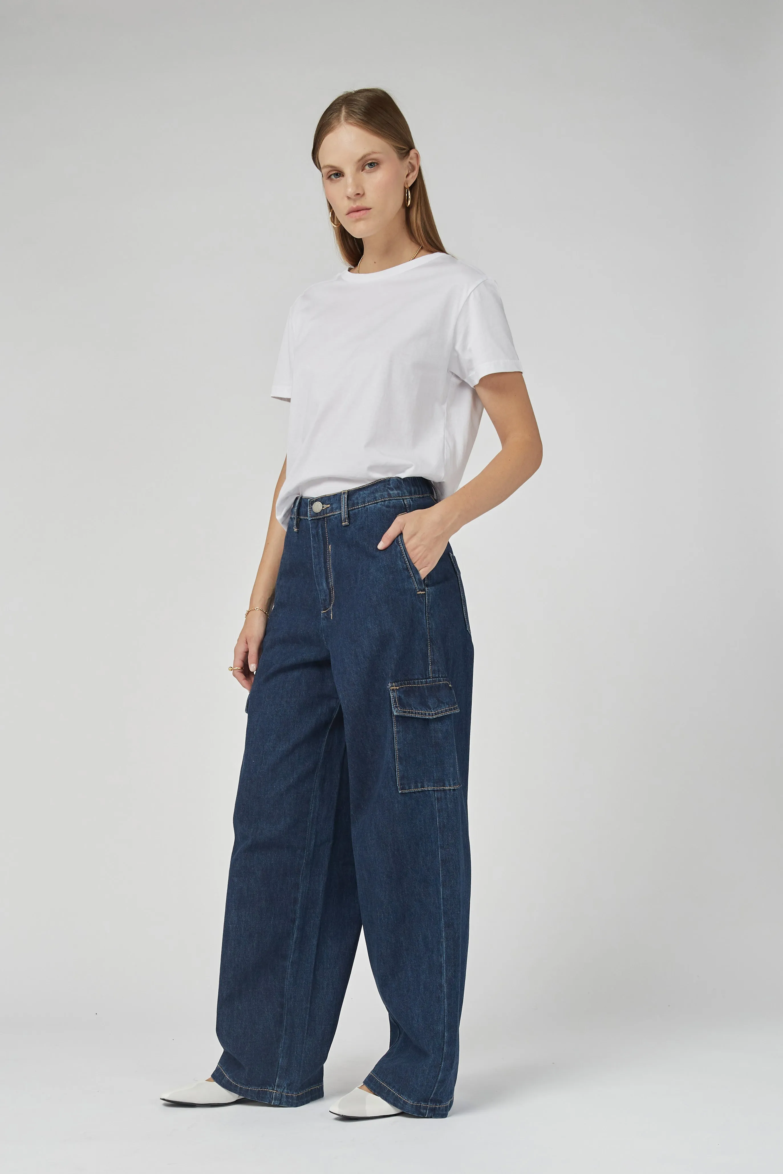 Zeona Indigo Cargo Wide Leg Pants