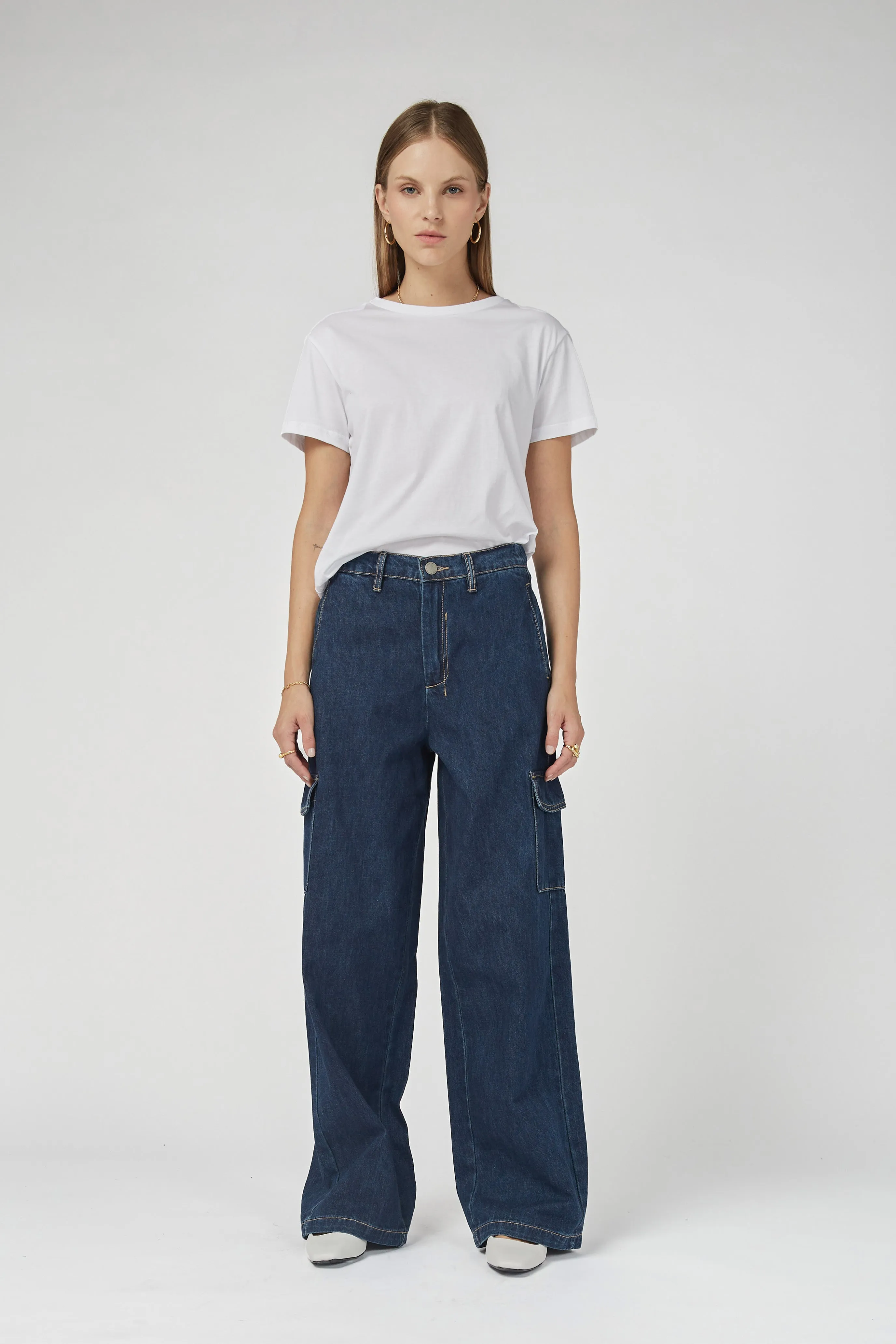Zeona Indigo Cargo Wide Leg Pants