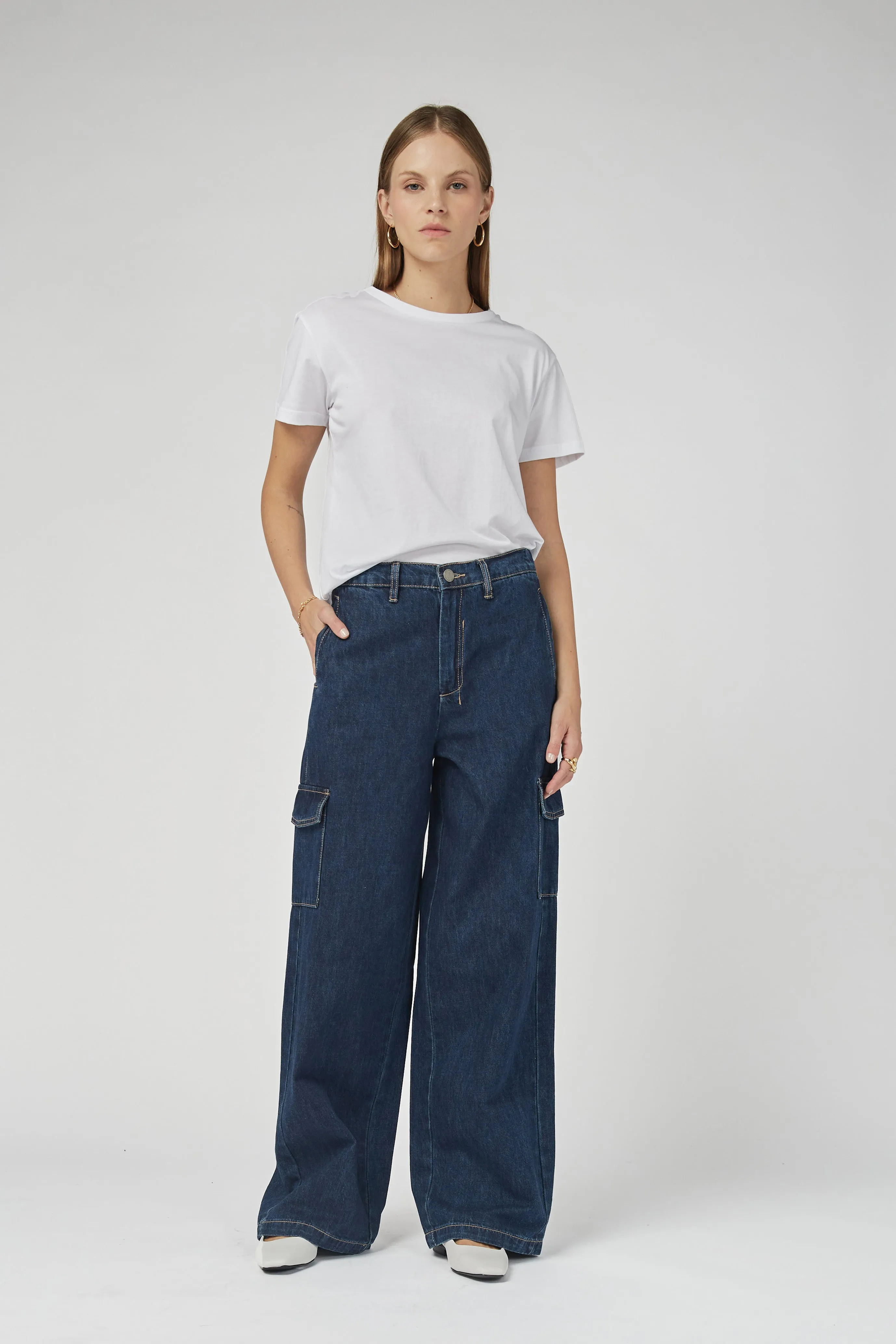 Zeona Indigo Cargo Wide Leg Pants